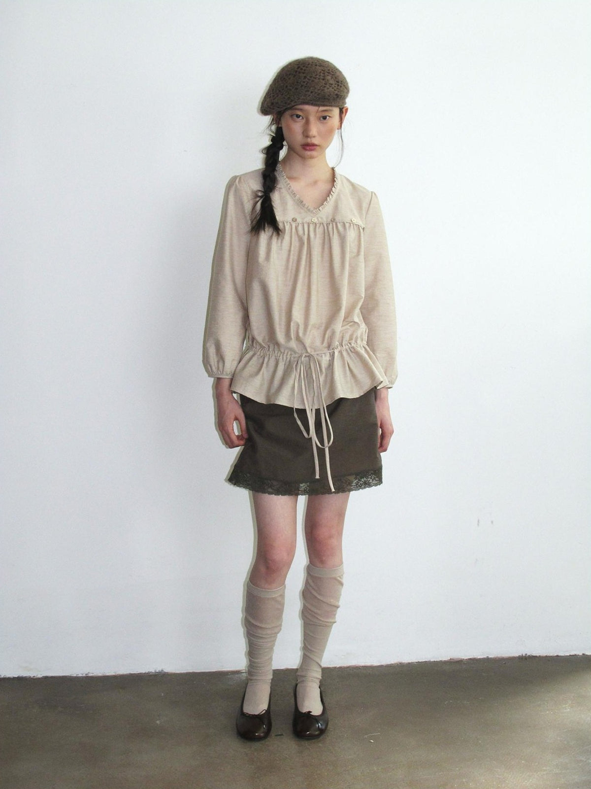 Dorydory V-neck Tie Ruffle Relaxed Fit Long Sleeve Cotton Women&