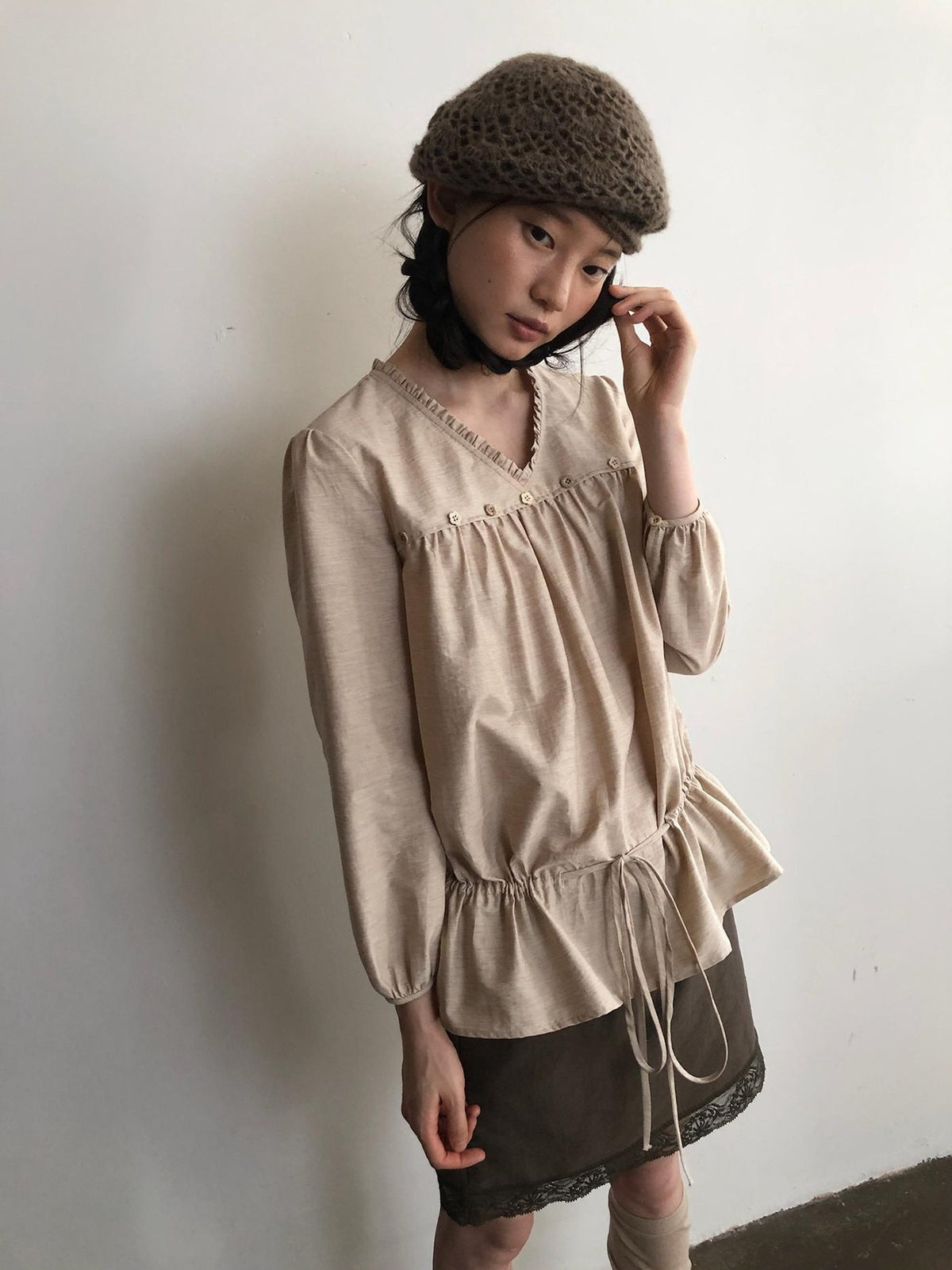Dorydory V-neck Tie Ruffle Relaxed Fit Long Sleeve Cotton Women&