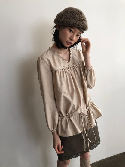 Dorydory V-neck Tie Ruffle Relaxed Fit Long Sleeve Cotton Women&