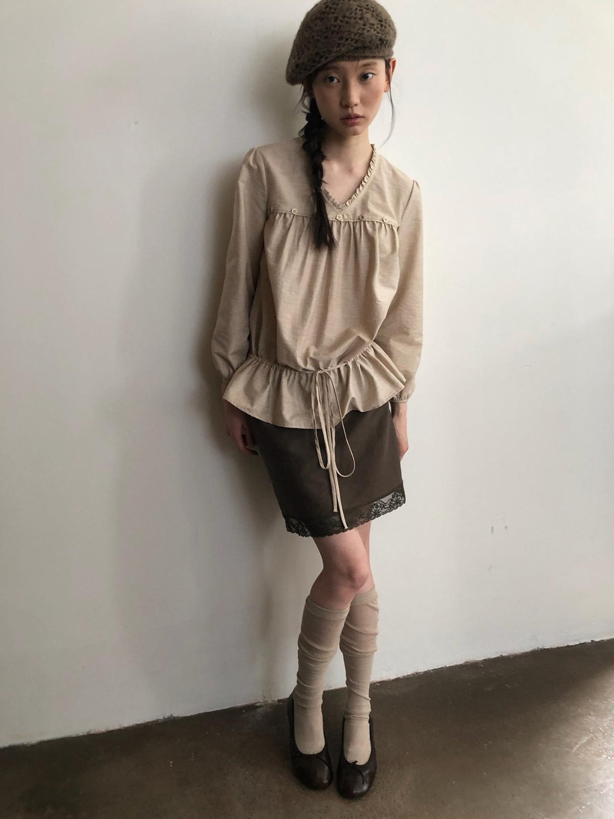 Dorydory V-neck Tie Ruffle Relaxed Fit Long Sleeve Cotton Women&