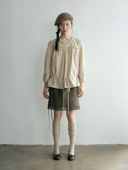 Dorydory V-neck Tie Ruffle Relaxed Fit Long Sleeve Cotton Women&