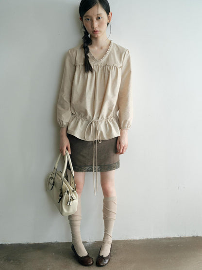 Dorydory V-neck Tie Ruffle Relaxed Fit Long Sleeve Cotton Women&