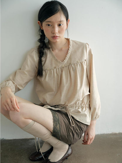Dorydory V-neck Tie Ruffle Relaxed Fit Long Sleeve Cotton Women&