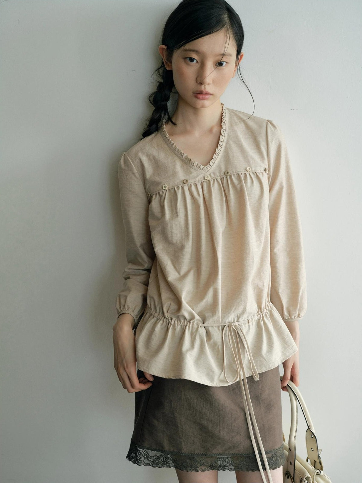 Dorydory V-neck Tie Ruffle Relaxed Fit Long Sleeve Cotton Women&