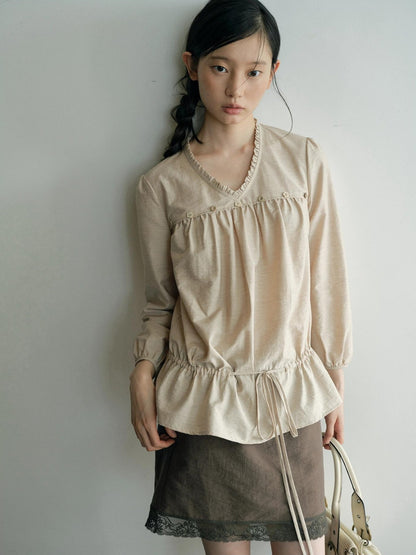 Dorydory V-neck Tie Ruffle Relaxed Fit Long Sleeve Cotton Women&