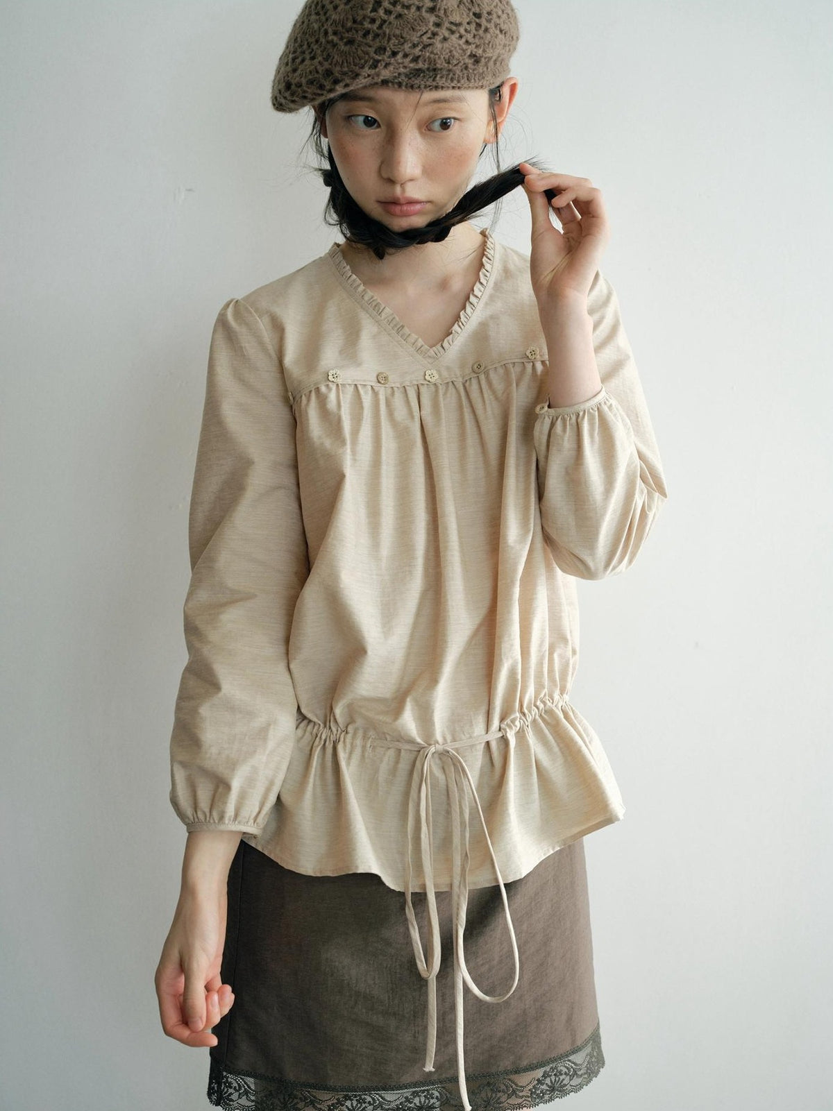 Dorydory V-neck Tie Ruffle Relaxed Fit Long Sleeve Cotton Women&