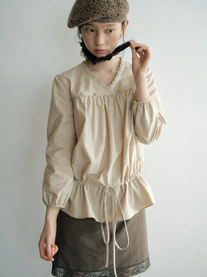 Dorydory V-neck Tie Ruffle Relaxed Fit Long Sleeve Cotton Women&