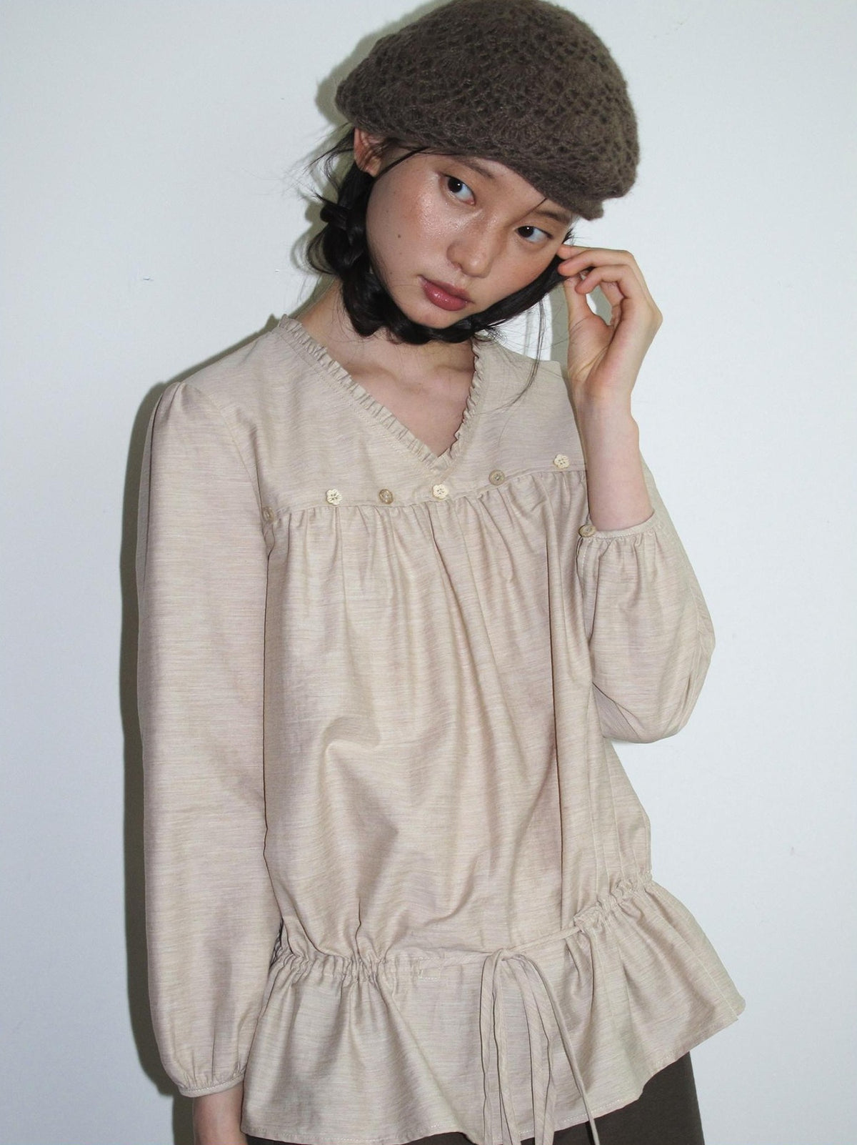 Dorydory V-neck Tie Ruffle Relaxed Fit Long Sleeve Cotton Women&