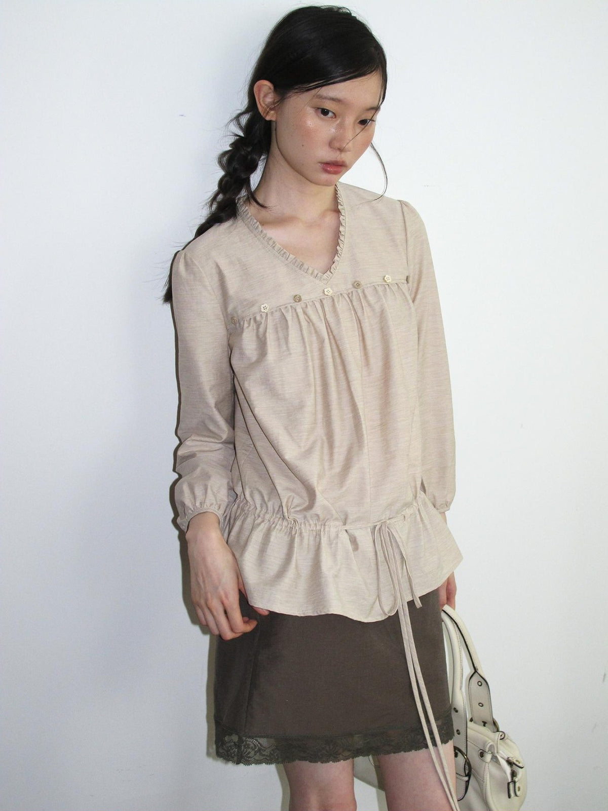 Dorydory V-neck Tie Ruffle Relaxed Fit Long Sleeve Cotton Women&