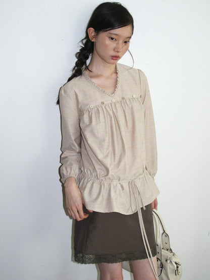 Dorydory V-neck Tie Ruffle Relaxed Fit Long Sleeve Cotton Women&