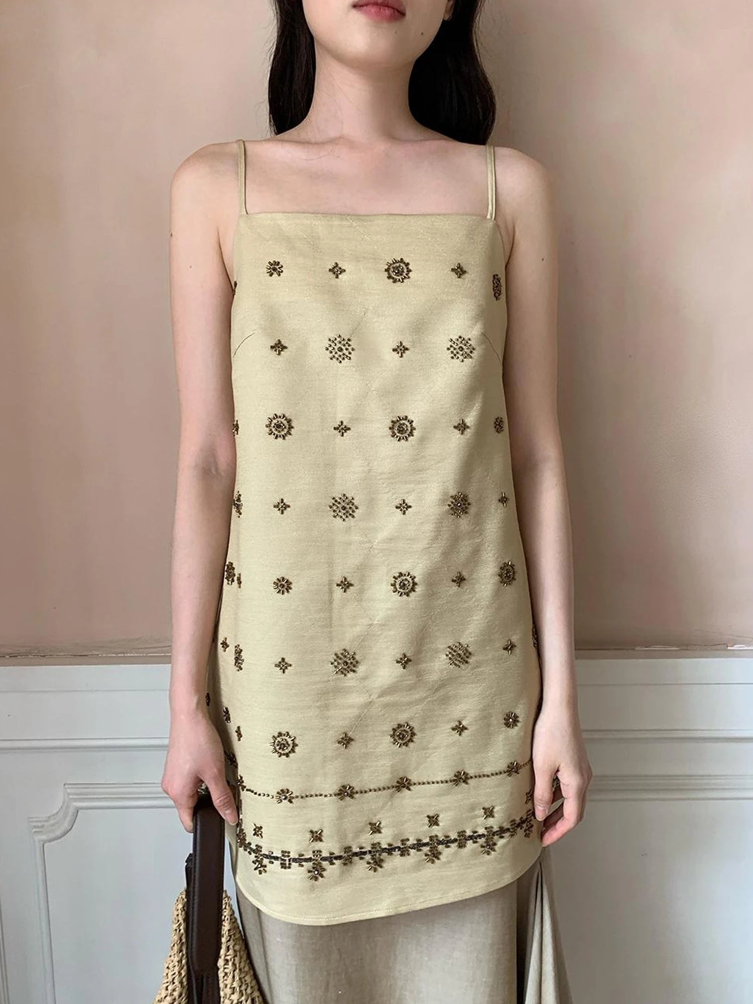 Vintage Beaded One Shoulder Midi Dress V-neck Beach Holiday