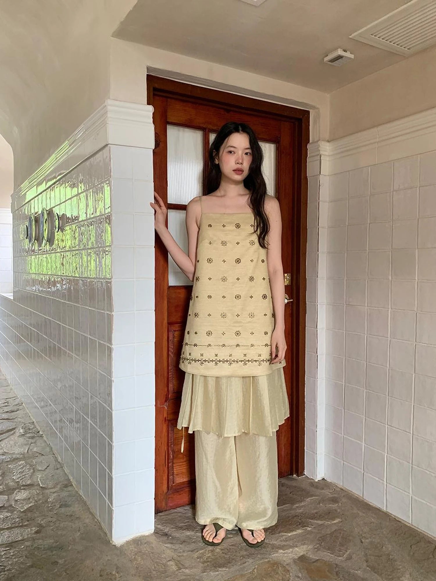 Vintage Beaded One Shoulder Midi Dress V-neck Beach Holiday