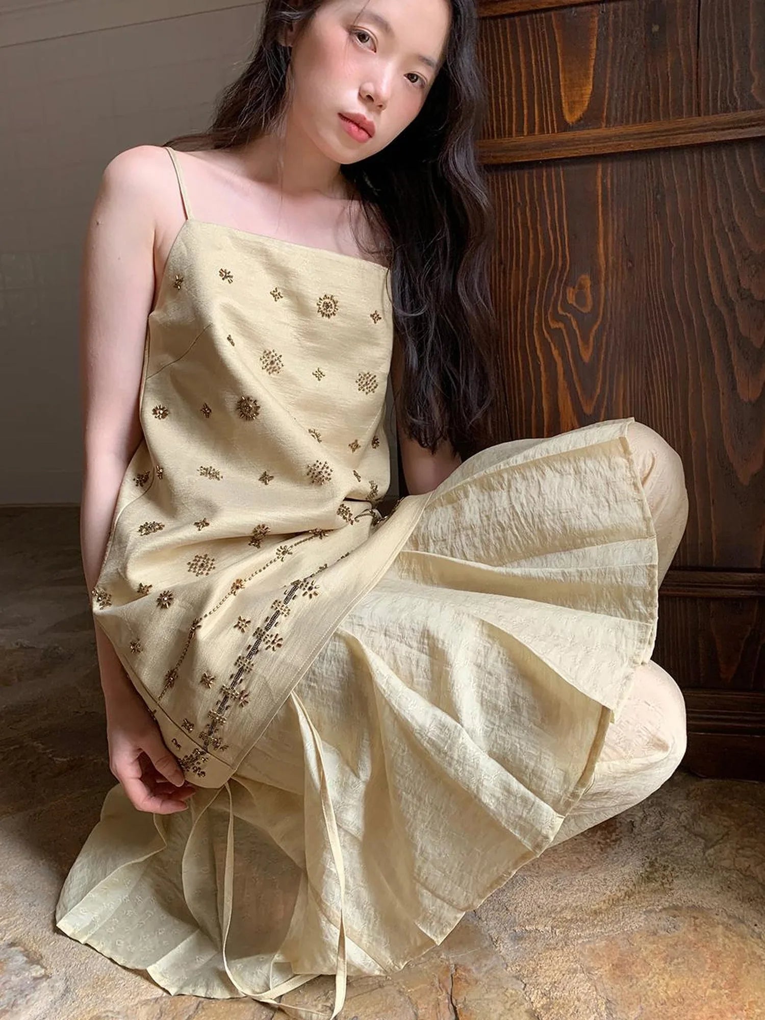 Vintage Beaded One Shoulder Midi Dress V-neck Beach Holiday