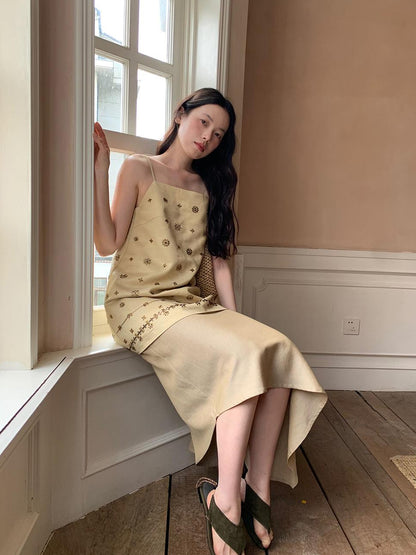Dorydory Vintage Beaded One Shoulder Midi Dress V-neck Beach Holiday