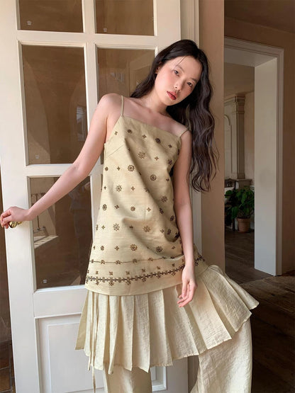 Vintage Beaded One Shoulder Midi Dress V-neck Beach Holiday