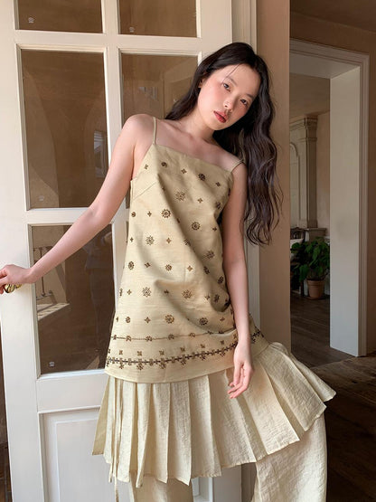 Dorydory Vintage Beaded One Shoulder Midi Dress V-neck Beach Holiday