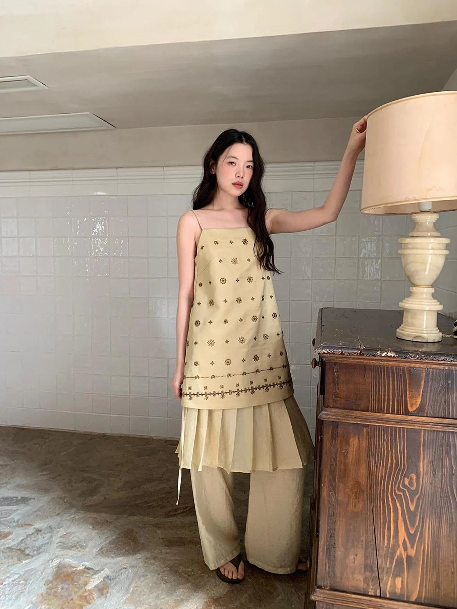 Vintage Beaded One Shoulder Midi Dress V-neck Beach Holiday