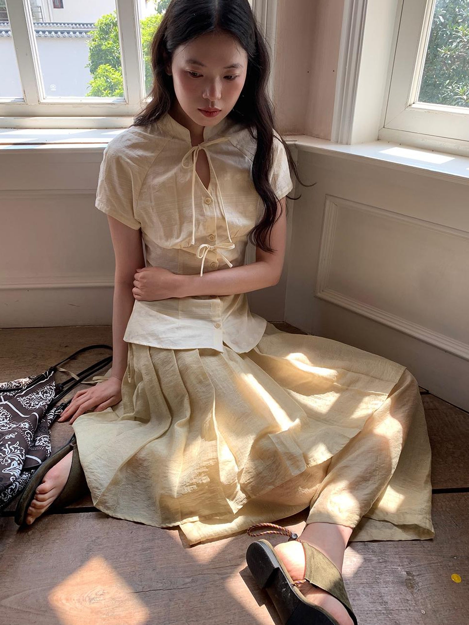 Dorydory Vintage Bow Tie Front Cotton Blouse