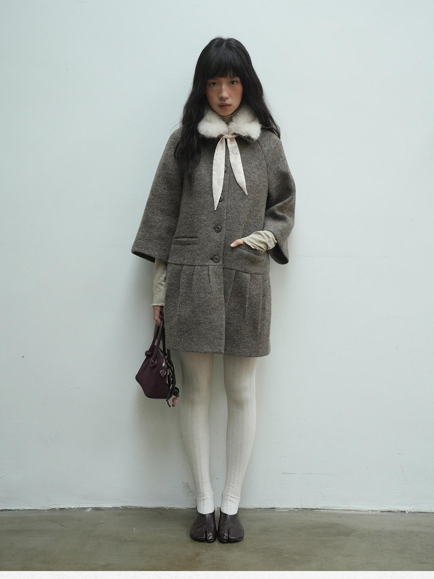 Dorydory Vintage Detachable Fur Collar Single Breasted Midlength Women&