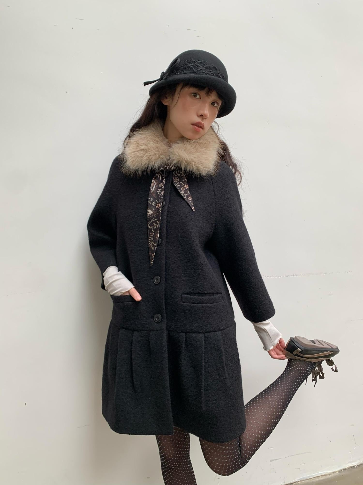 Dorydory Vintage Detachable Fur Collar Single Breasted Midlength Women&