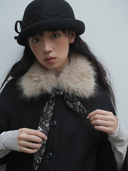 Dorydory Vintage Detachable Fur Collar Single Breasted Midlength Women&