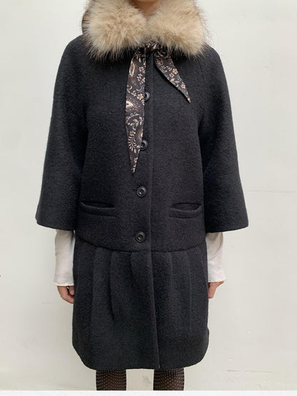 Dorydory Vintage Detachable Fur Collar Single Breasted Midlength Women&