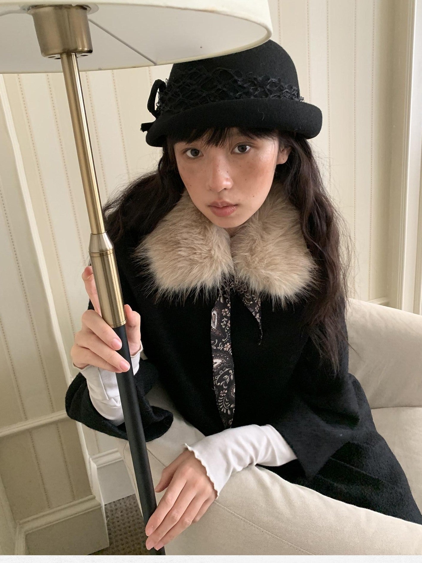 Dorydory Vintage Detachable Fur Collar Single Breasted Midlength Women&