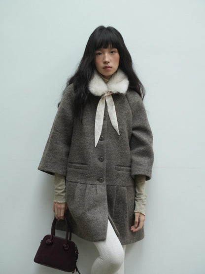 Dorydory Vintage Detachable Fur Collar Single Breasted Midlength Women&