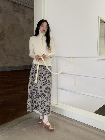 Dorydory Vintage Floral Bird Knit High Waist Straight Women&