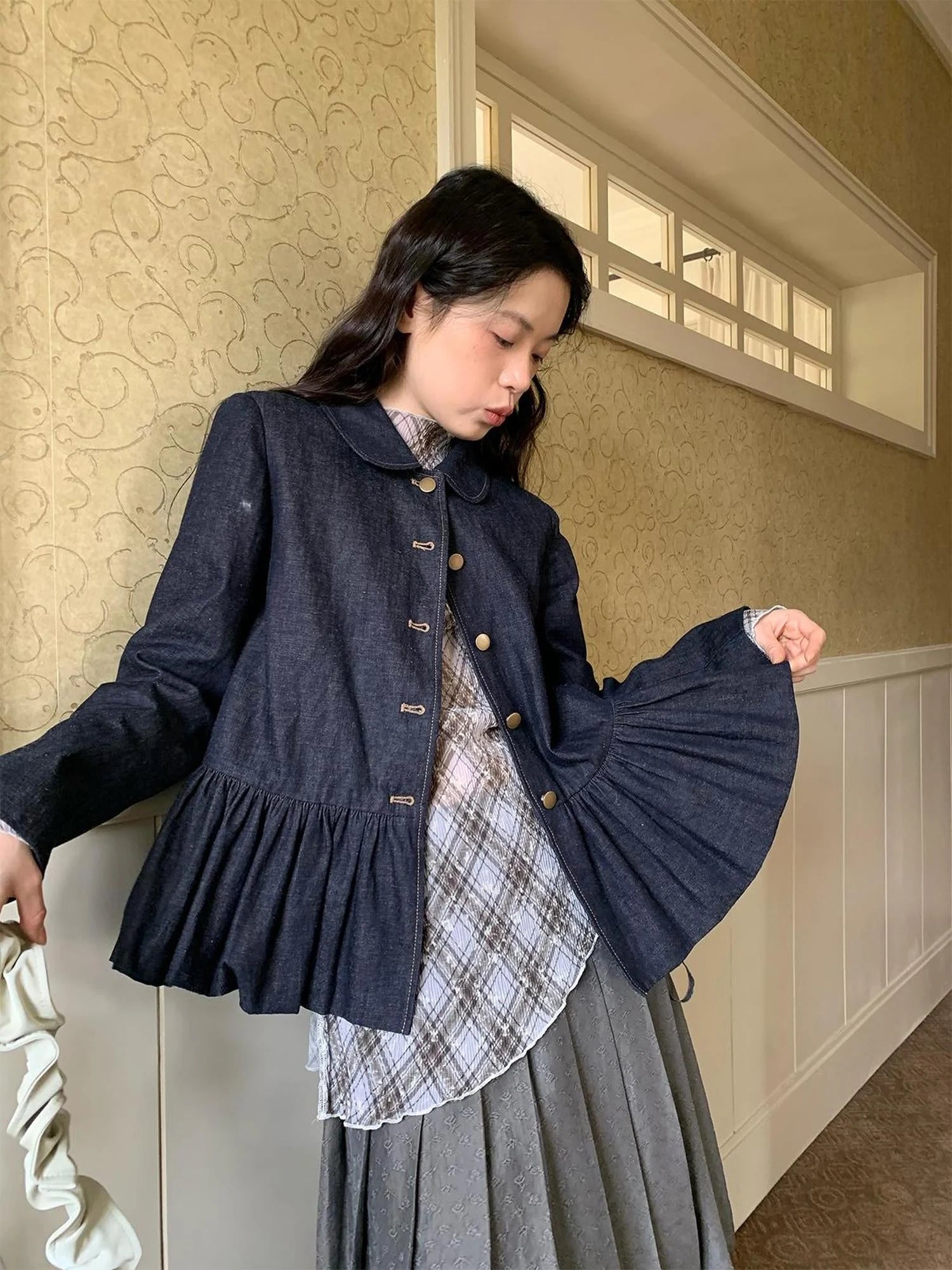 Vintage Indigo Washed Denim Jacket With Floral Collar