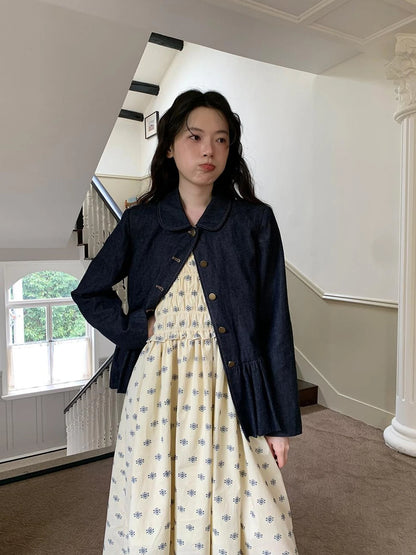 Vintage Indigo Washed Denim Jacket With Floral Collar