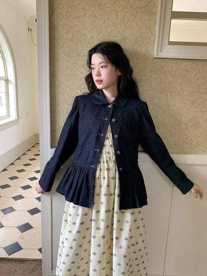 Vintage Indigo Washed Denim Jacket With Floral Collar