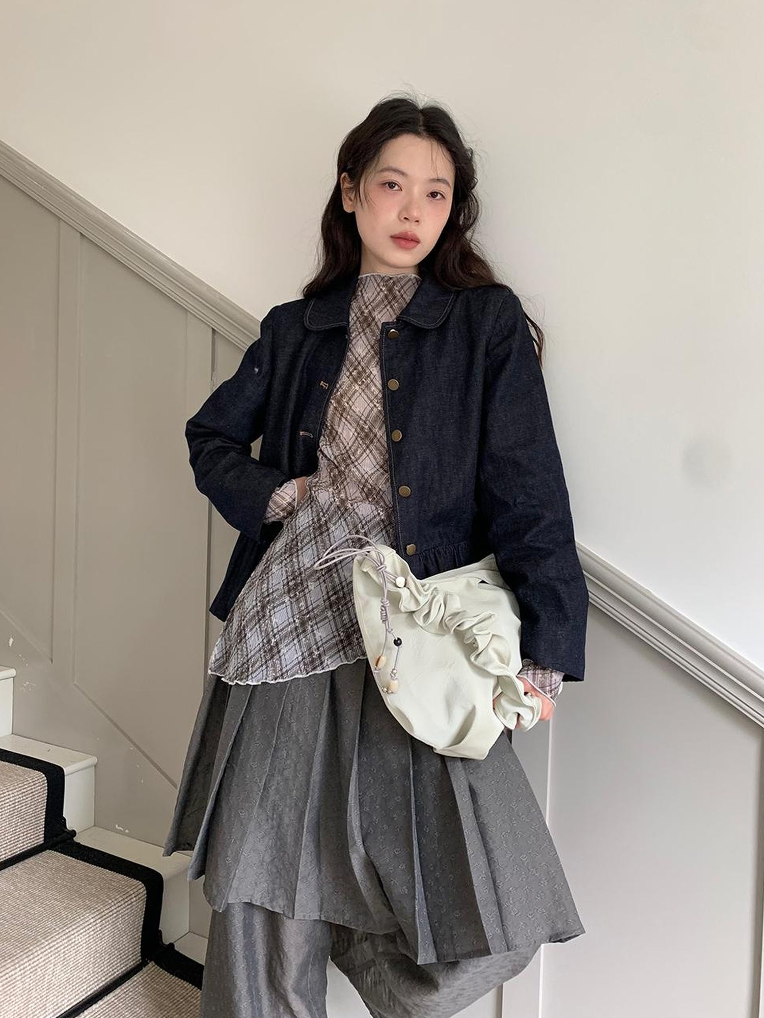 Dorydory Vintage Indigo Washed Denim Jacket With Floral Collar