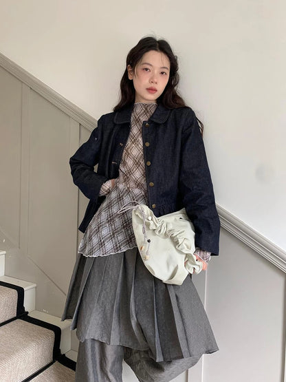 Vintage Indigo Washed Denim Jacket With Floral Collar