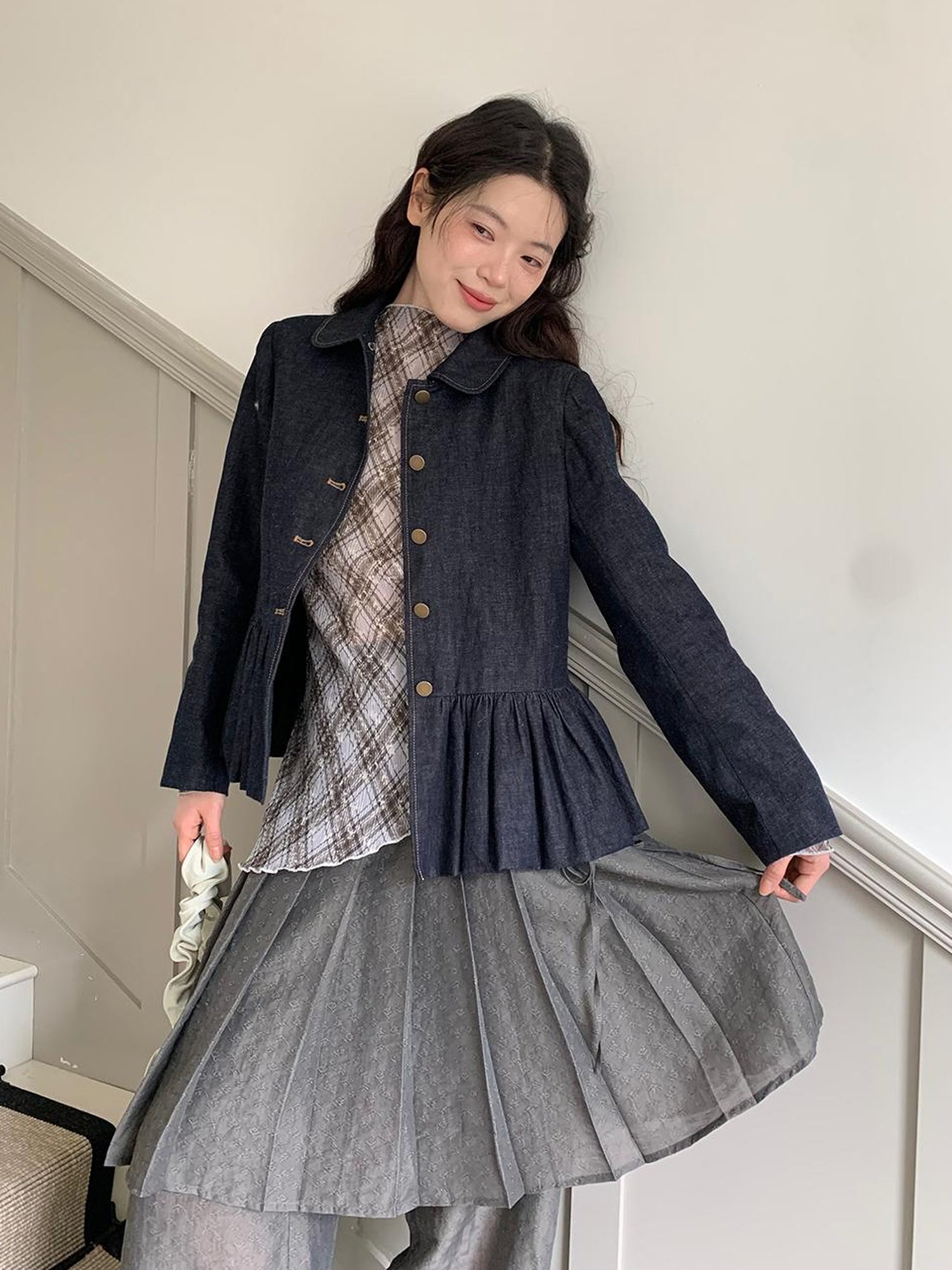 Dorydory Vintage Indigo Washed Denim Jacket With Floral Collar