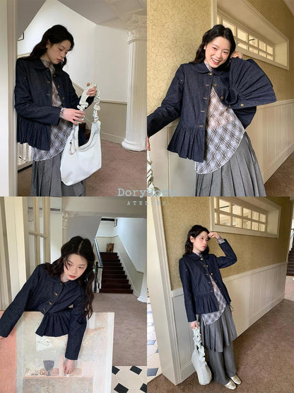 Vintage Indigo Washed Denim Jacket With Floral Collar