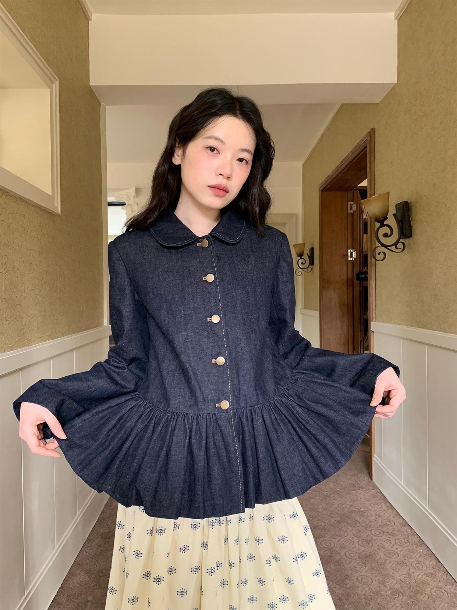 Dorydory Vintage Indigo Washed Denim Jacket With Floral Collar
