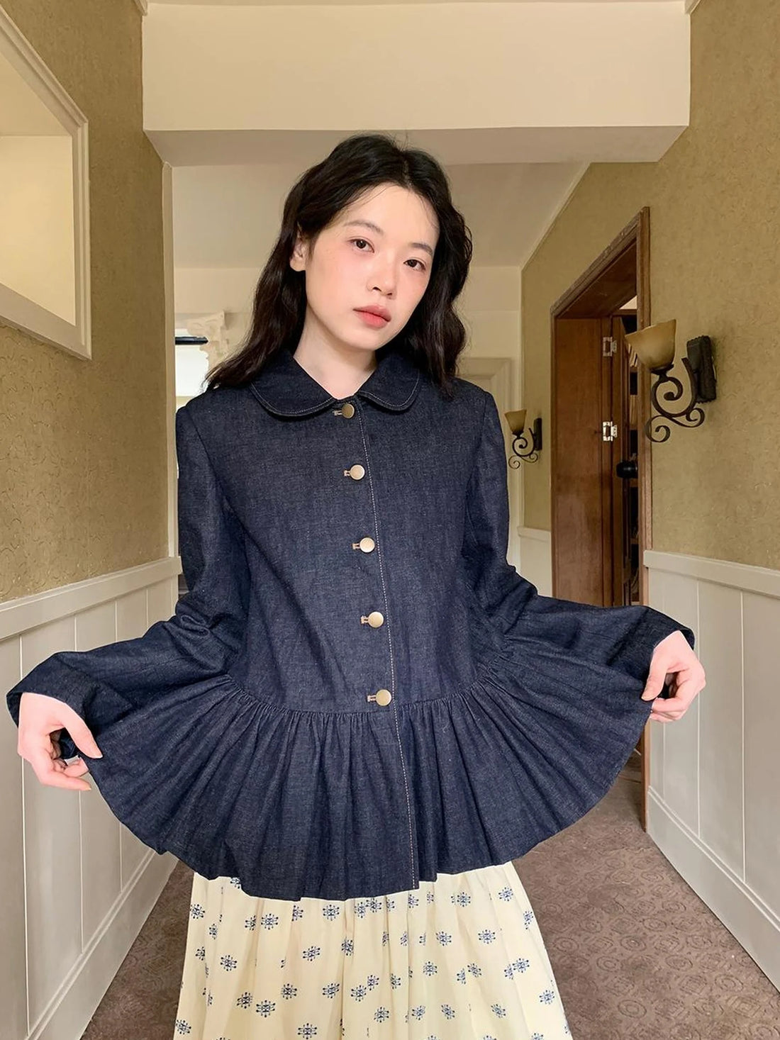 Vintage Indigo Washed Denim Jacket With Floral Collar