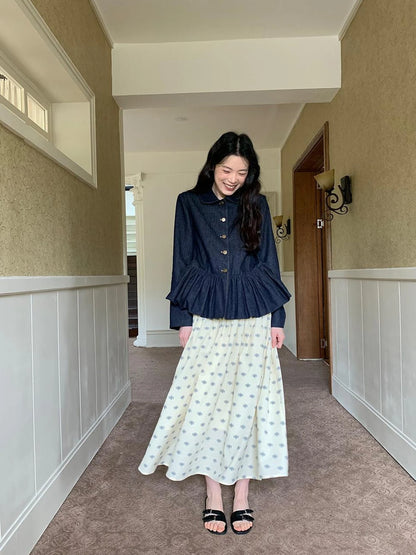 Vintage Indigo Washed Denim Jacket With Floral Collar