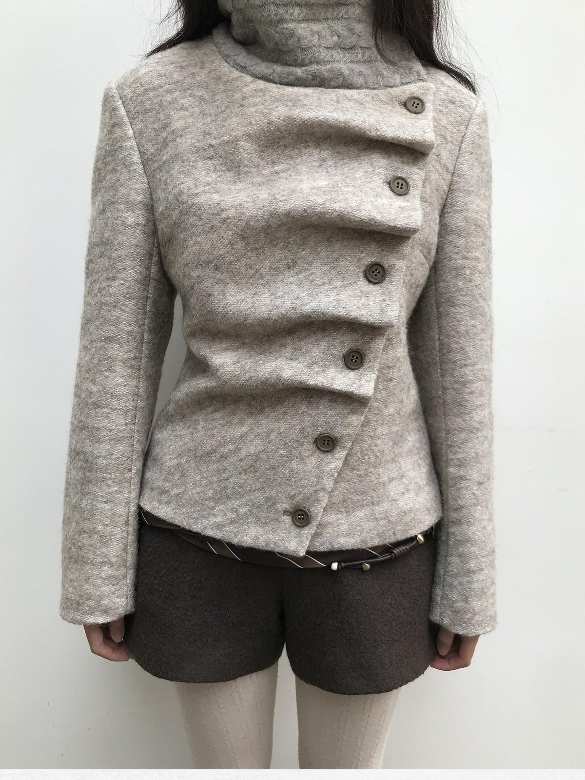 Dorydory Vintage Knit Trim Irregular Placket Wool Blend Women&