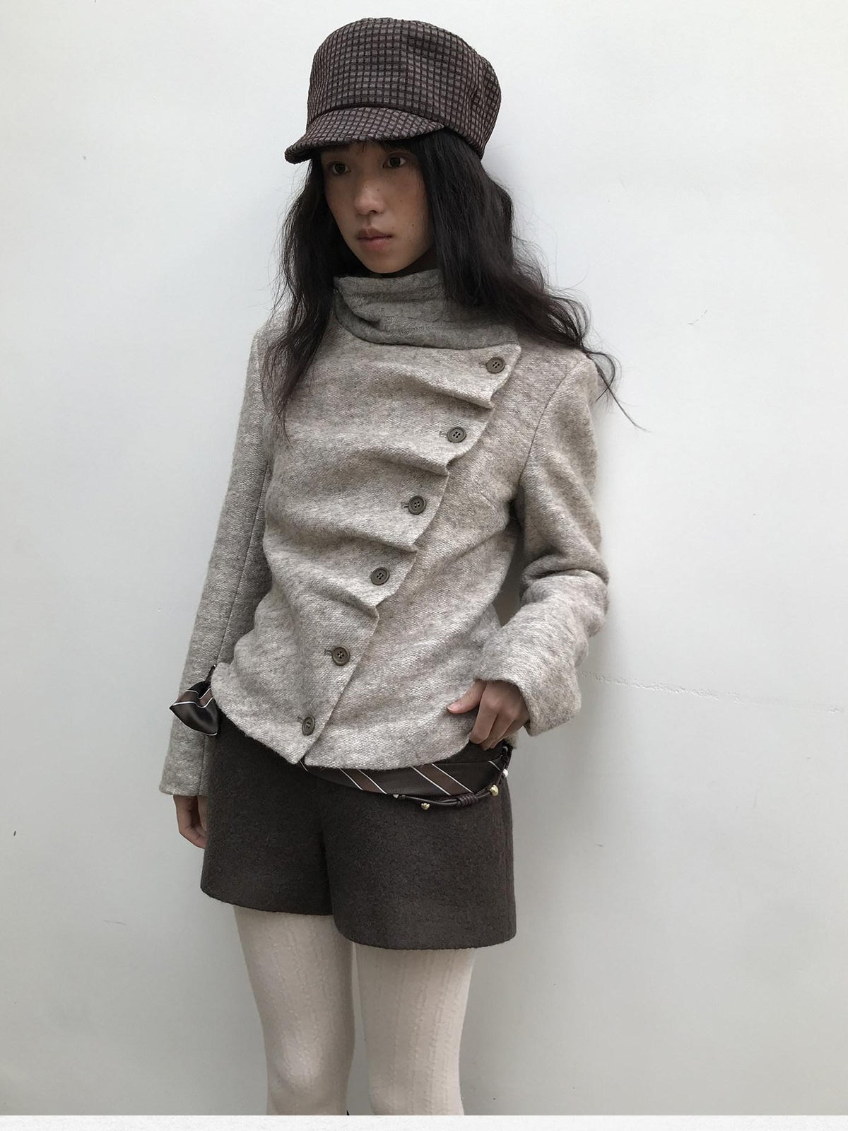 Dorydory Vintage Knit Trim Irregular Placket Wool Blend Women&
