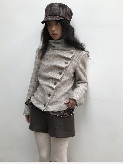 Dorydory Vintage Knit Trim Irregular Placket Wool Blend Women&