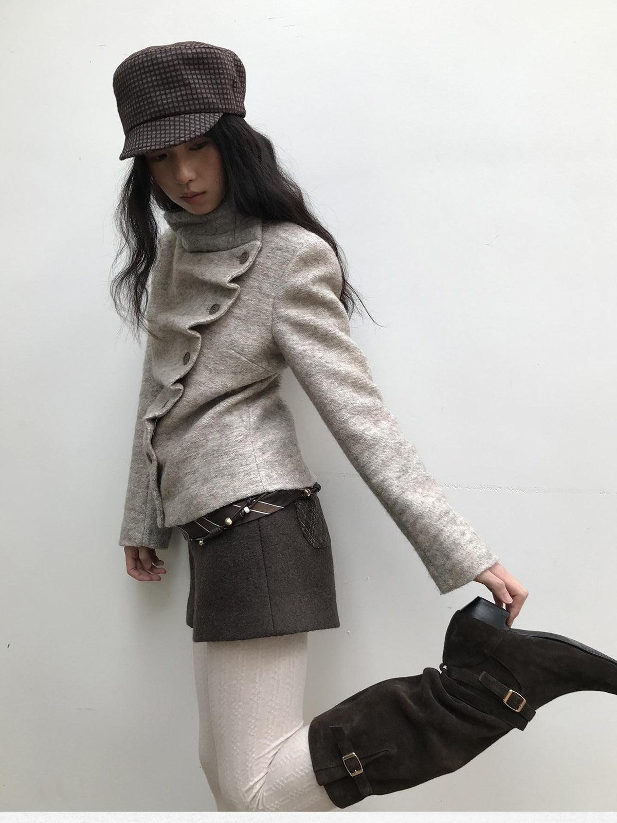 Dorydory Vintage Knit Trim Irregular Placket Wool Blend Women&