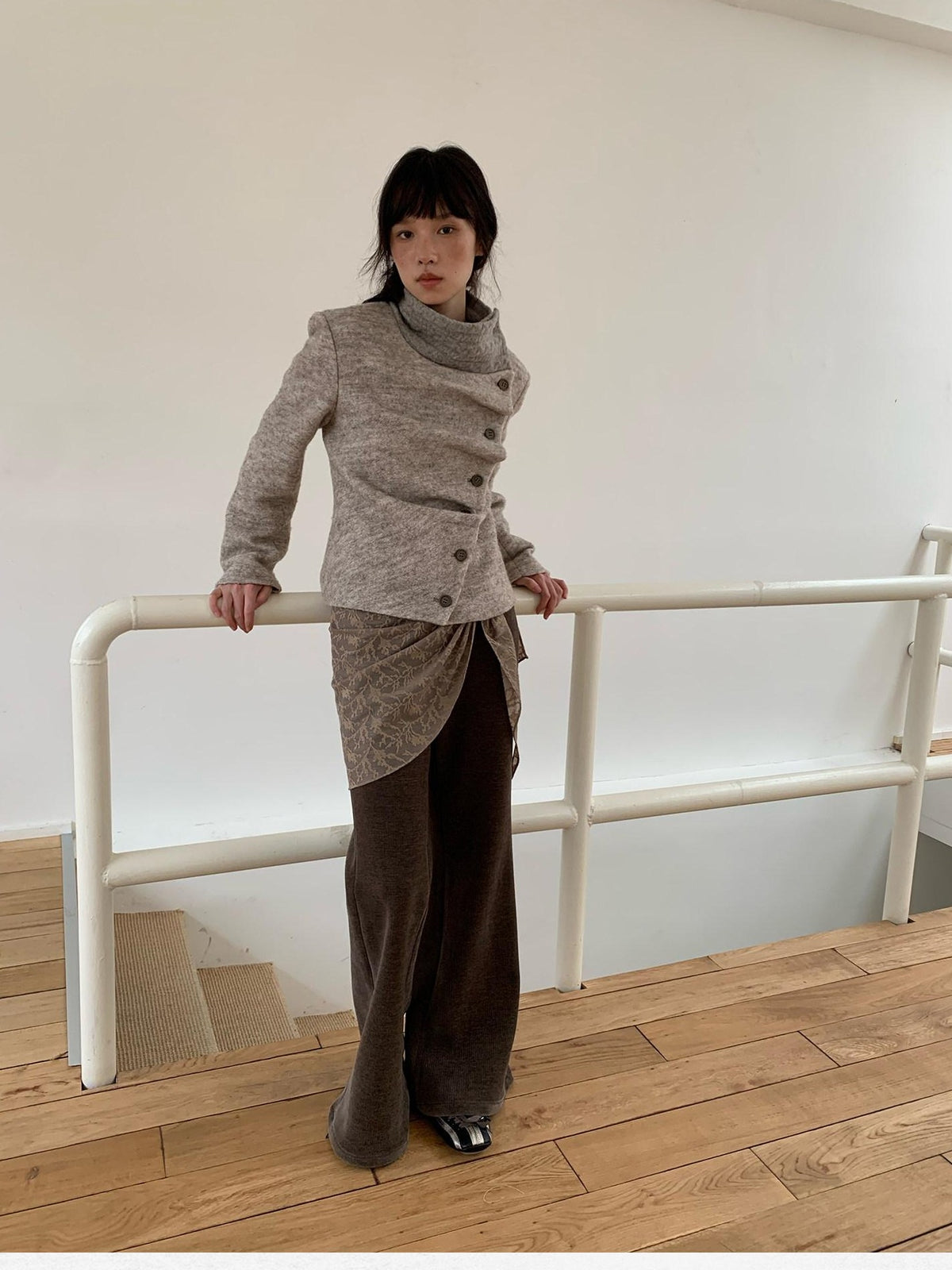 Dorydory Vintage Knit Trim Irregular Placket Wool Blend Women&