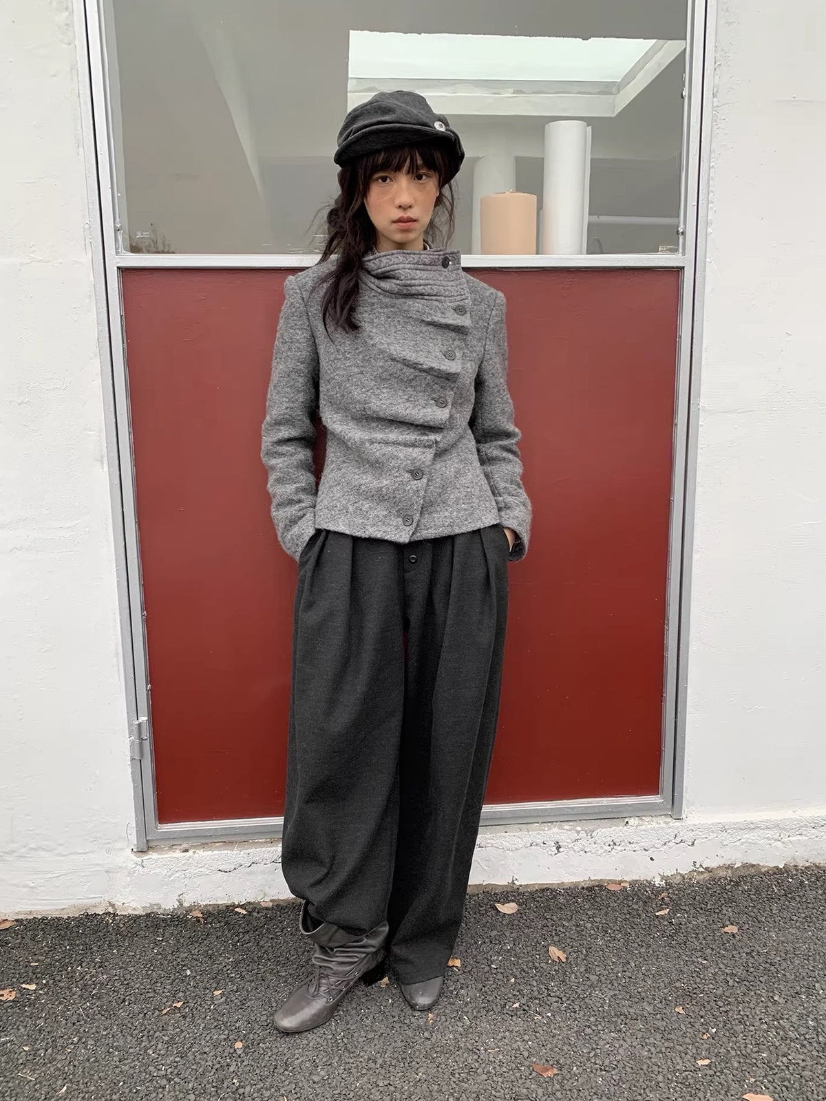 Dorydory Vintage Knit Trim Irregular Placket Wool Blend Women&
