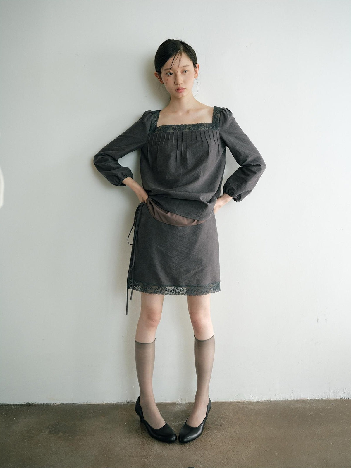 Dorydory Vintage Lace Trim A Line Tie Waist Women&