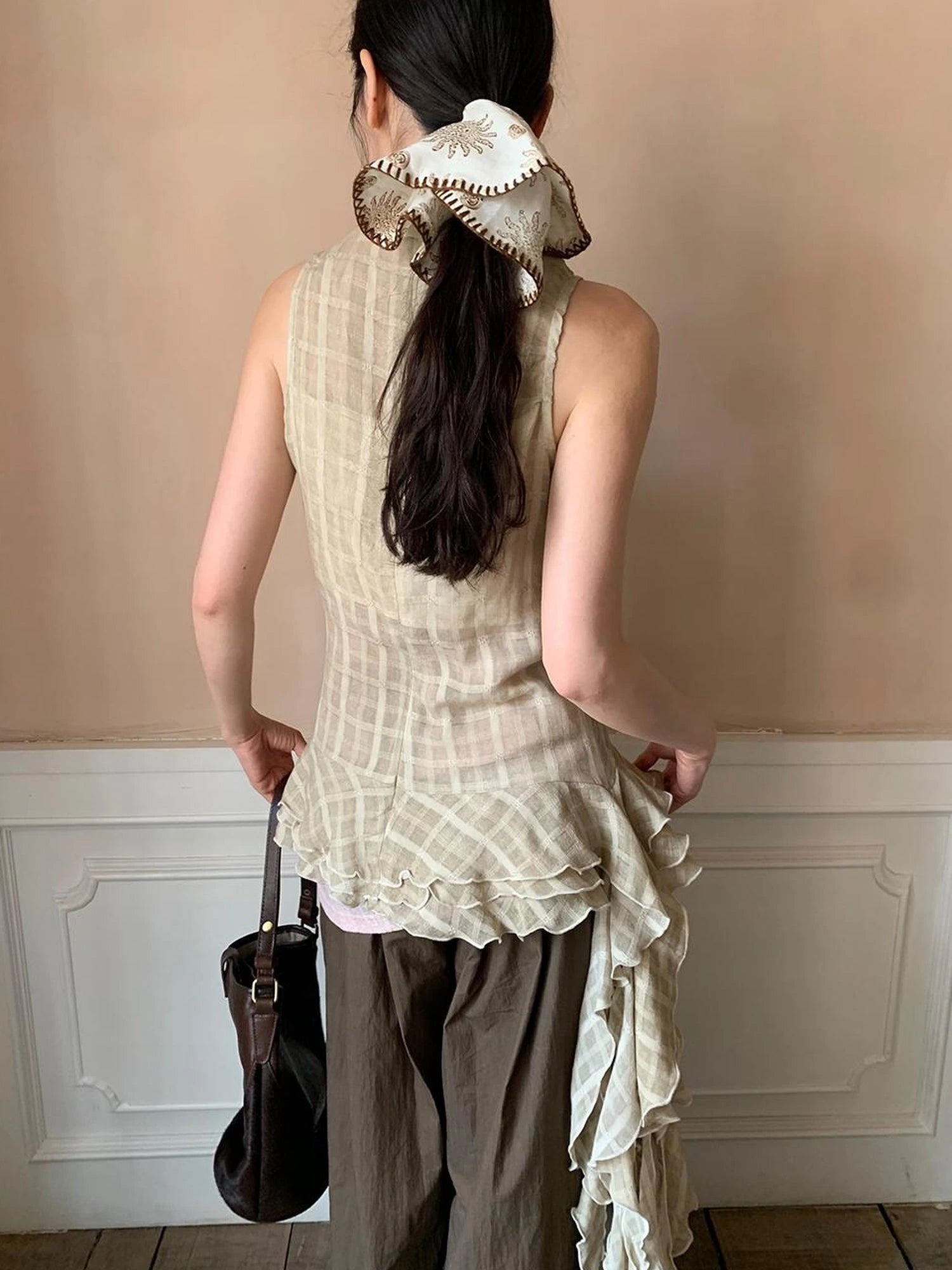 Vintage Lace Trim Checked Bustier Top