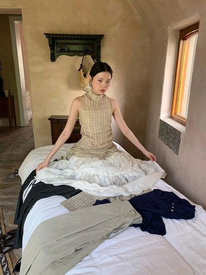 Vintage Lace Trim Checked Bustier Top