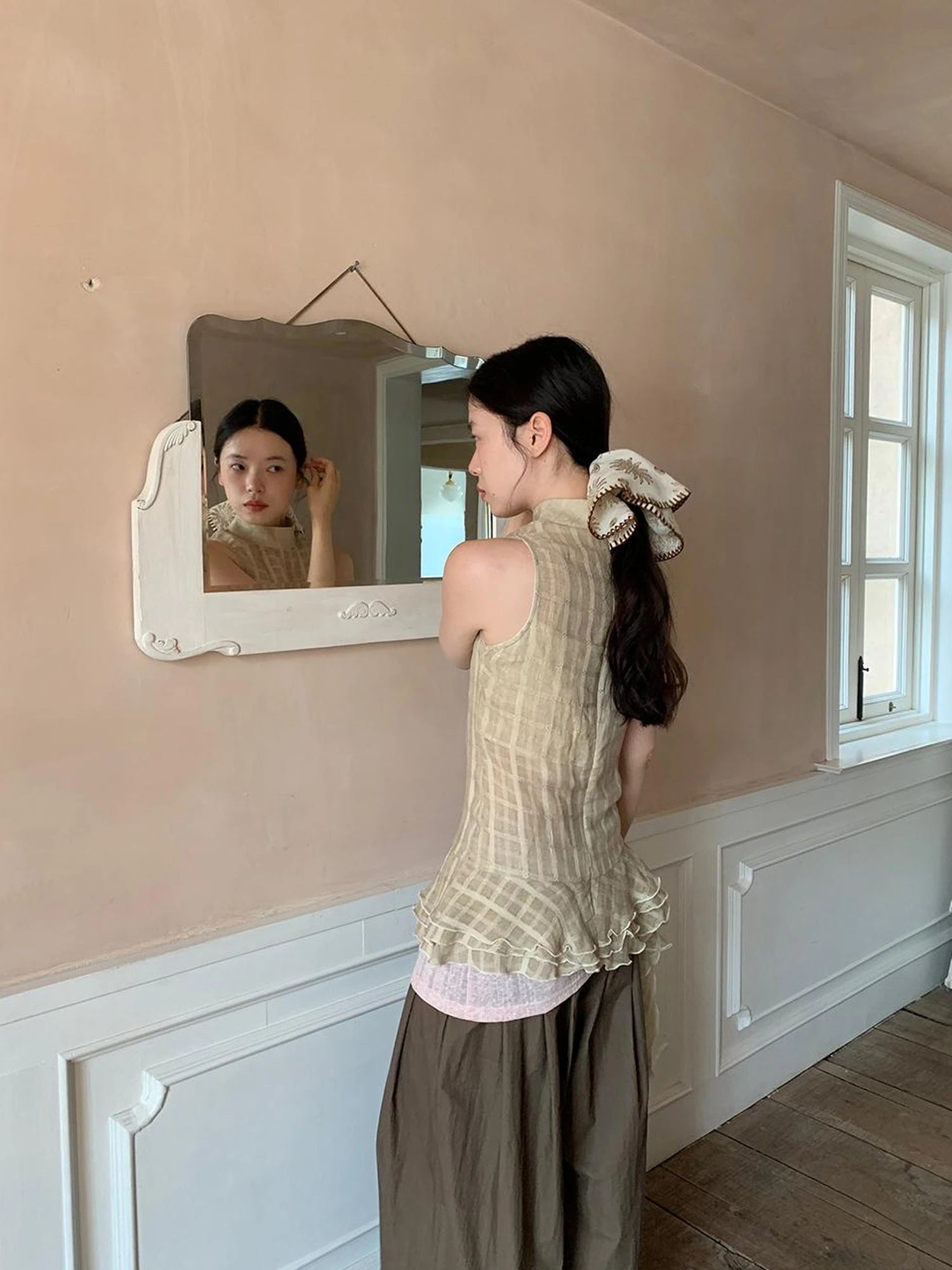 Vintage Lace Trim Checked Bustier Top