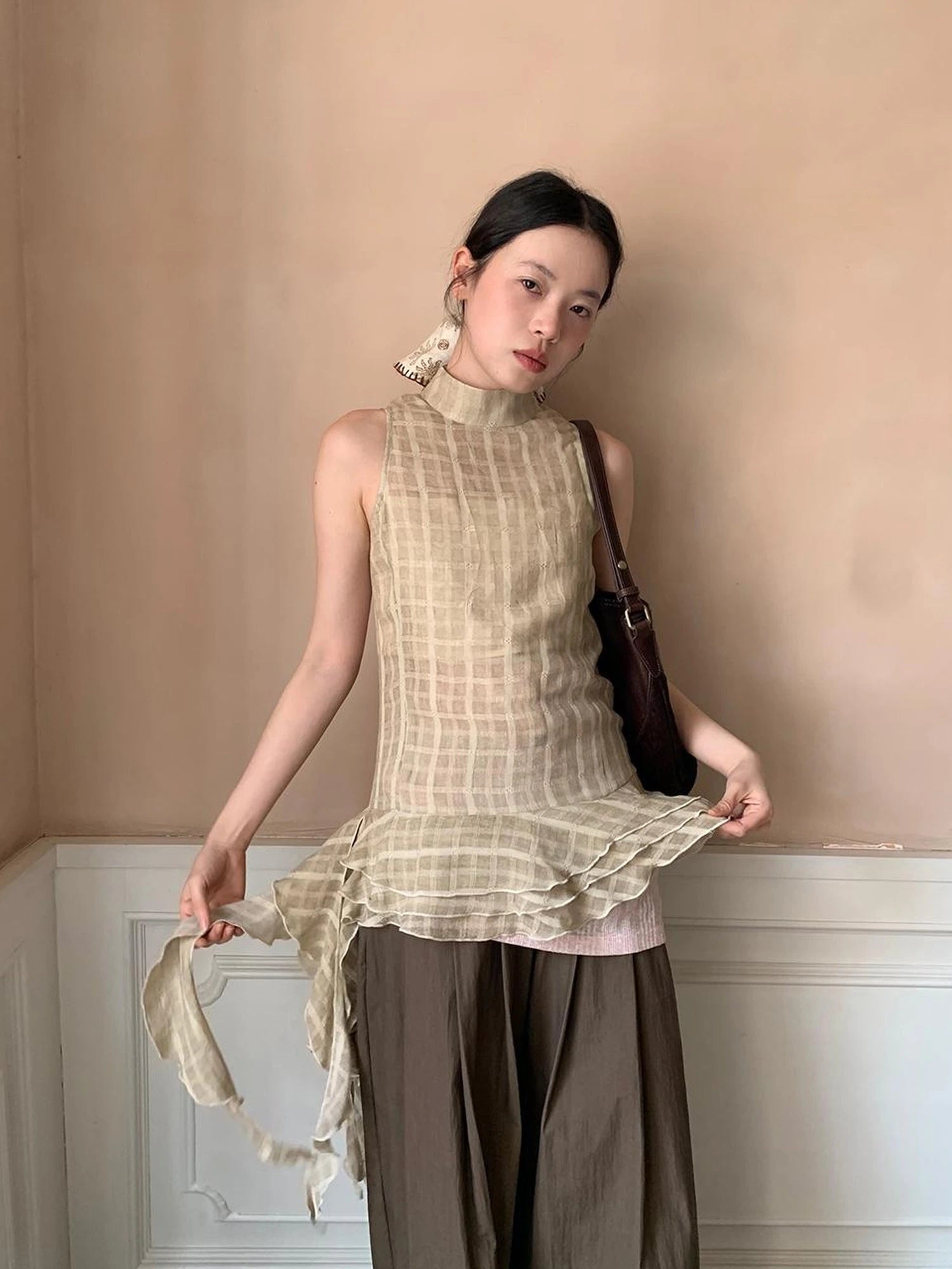 Vintage Lace Trim Checked Bustier Top